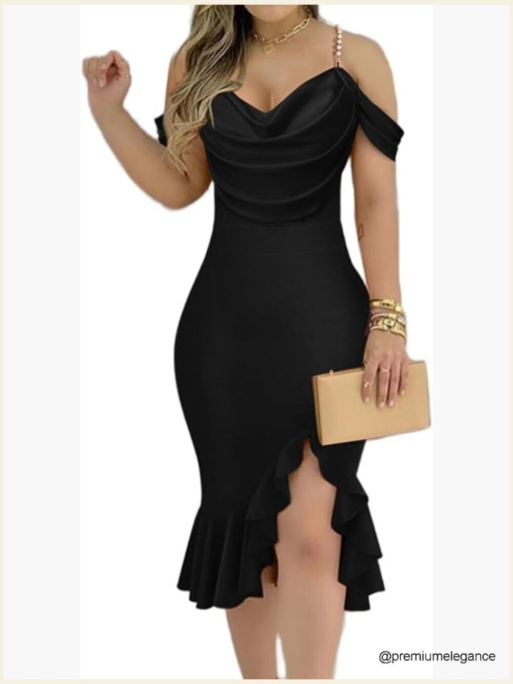 Off The Shoulder Midi Dress Pearl Strap Ruffle Hem Bodycon Party